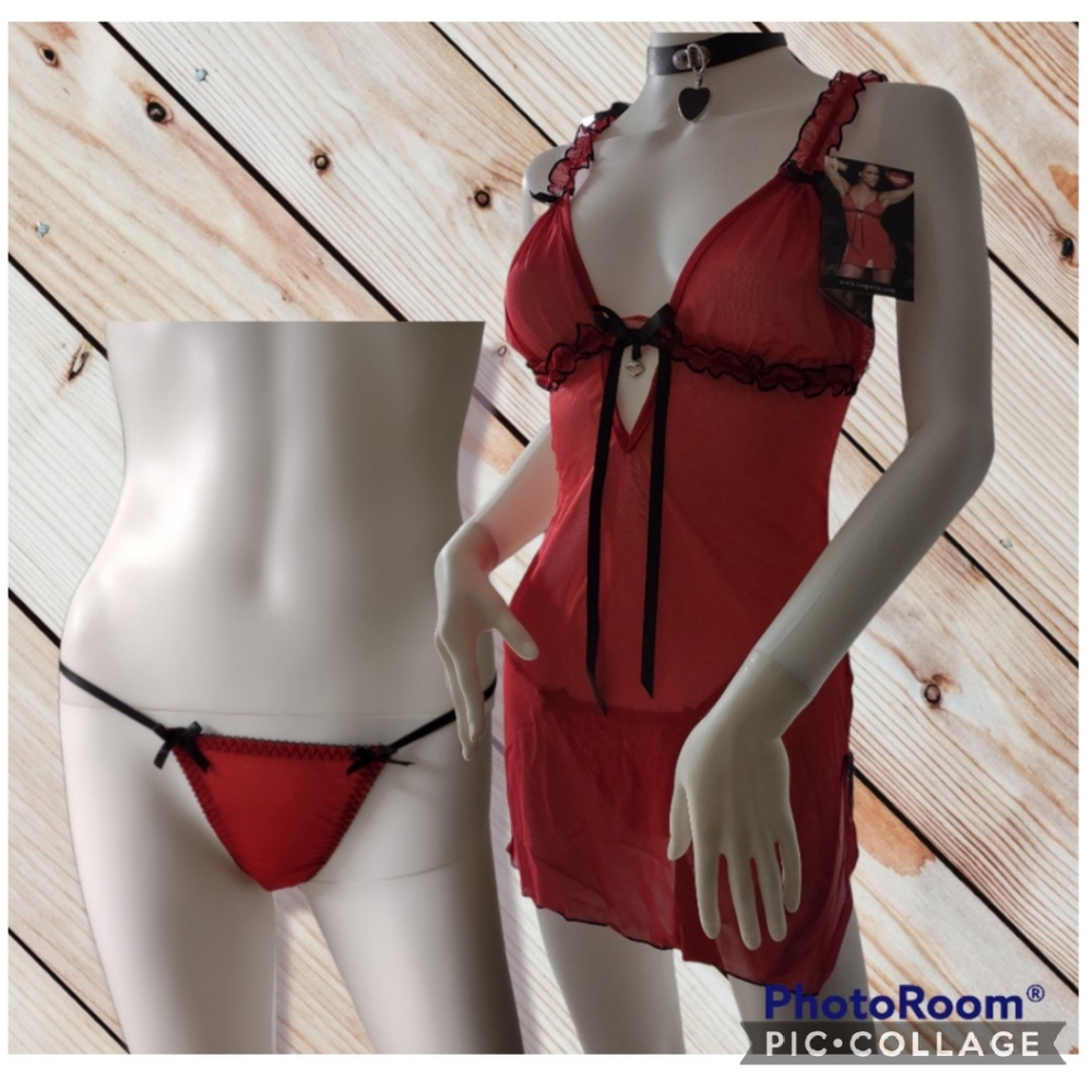 MEDIUM red ruffle babydoll & thong